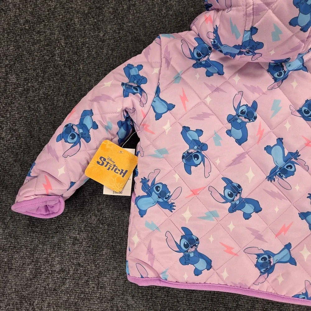 Disney Stitch Quilted Hooded Puffer Jacket Kids Size 3 Pink‎ Midweight NEW
